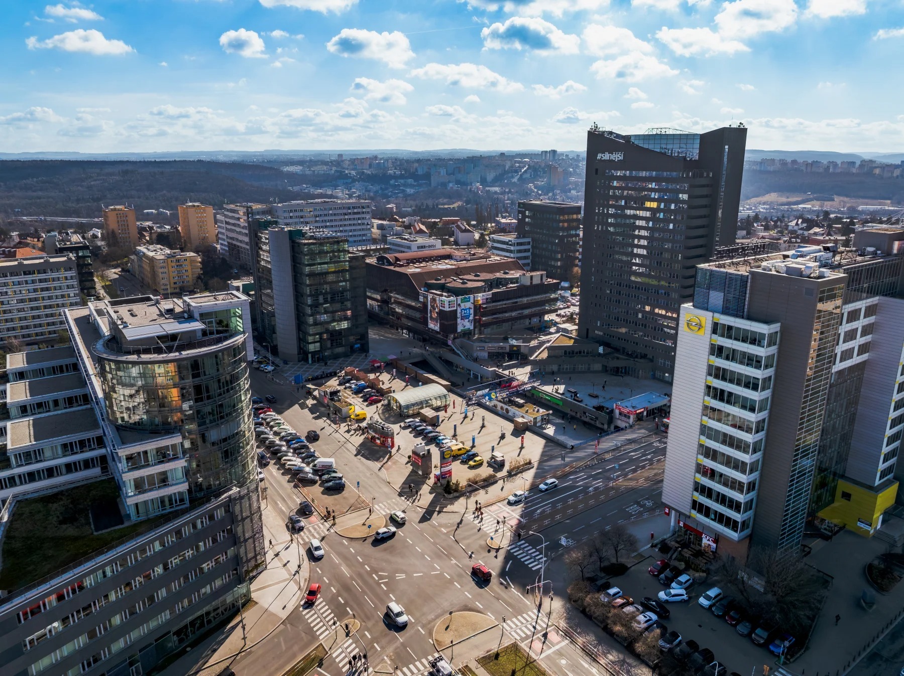Aerial photo of Budějárna in Prague city centre, showing tall buildings and a crossroad.