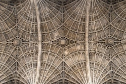 King's College Chapel at Cambridge University, Cambridge, UK. The Chapel features the world's largest fan vault, constructed between 1512 and 1515.