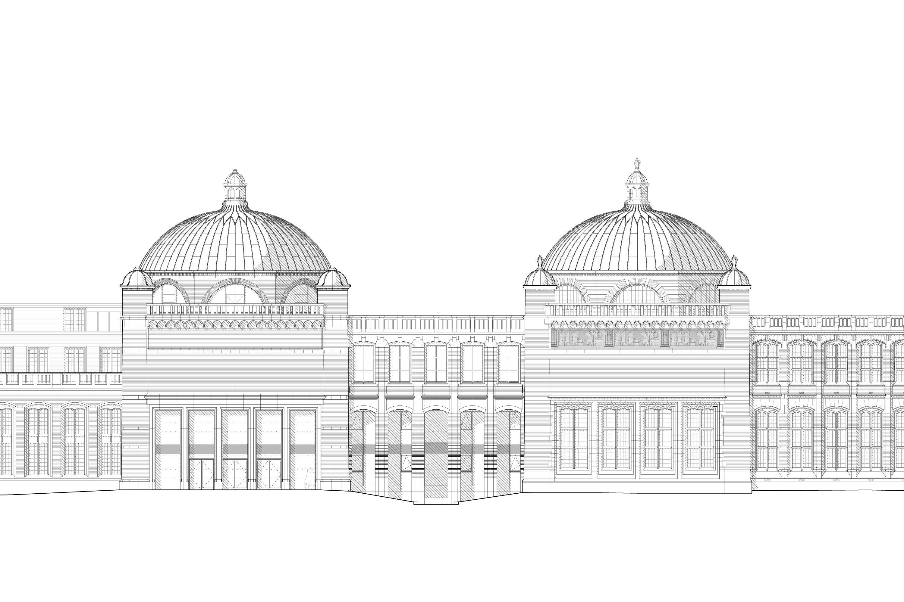 The elevation shows the connection between the existing Physics Building (east) and Block C (west)