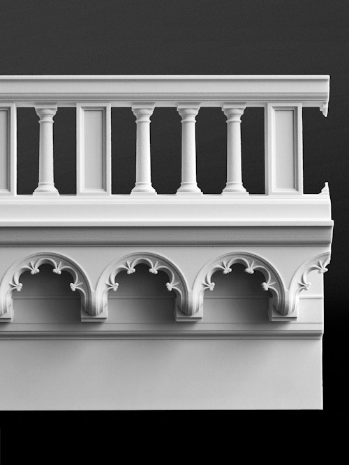 The model shows our modern interpretation of the stone balustrade parapet and overhang