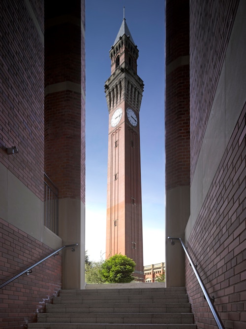 View of Aston Webb and Ingress Bell's Chamberlain Tower from below the enclosed link