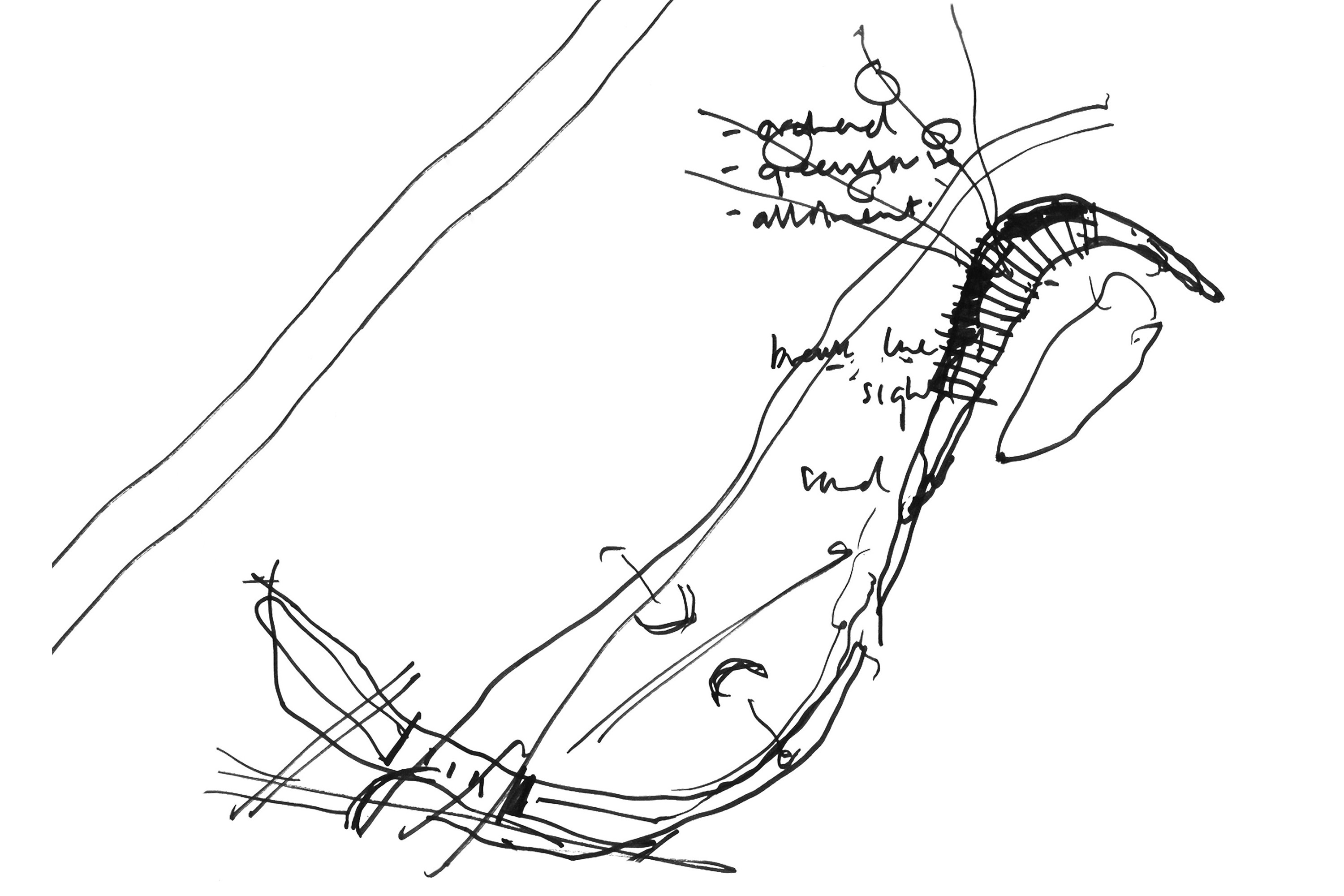The concept sketch shows how the form of the service station creates a tranquil retreat from the adjacent M5.