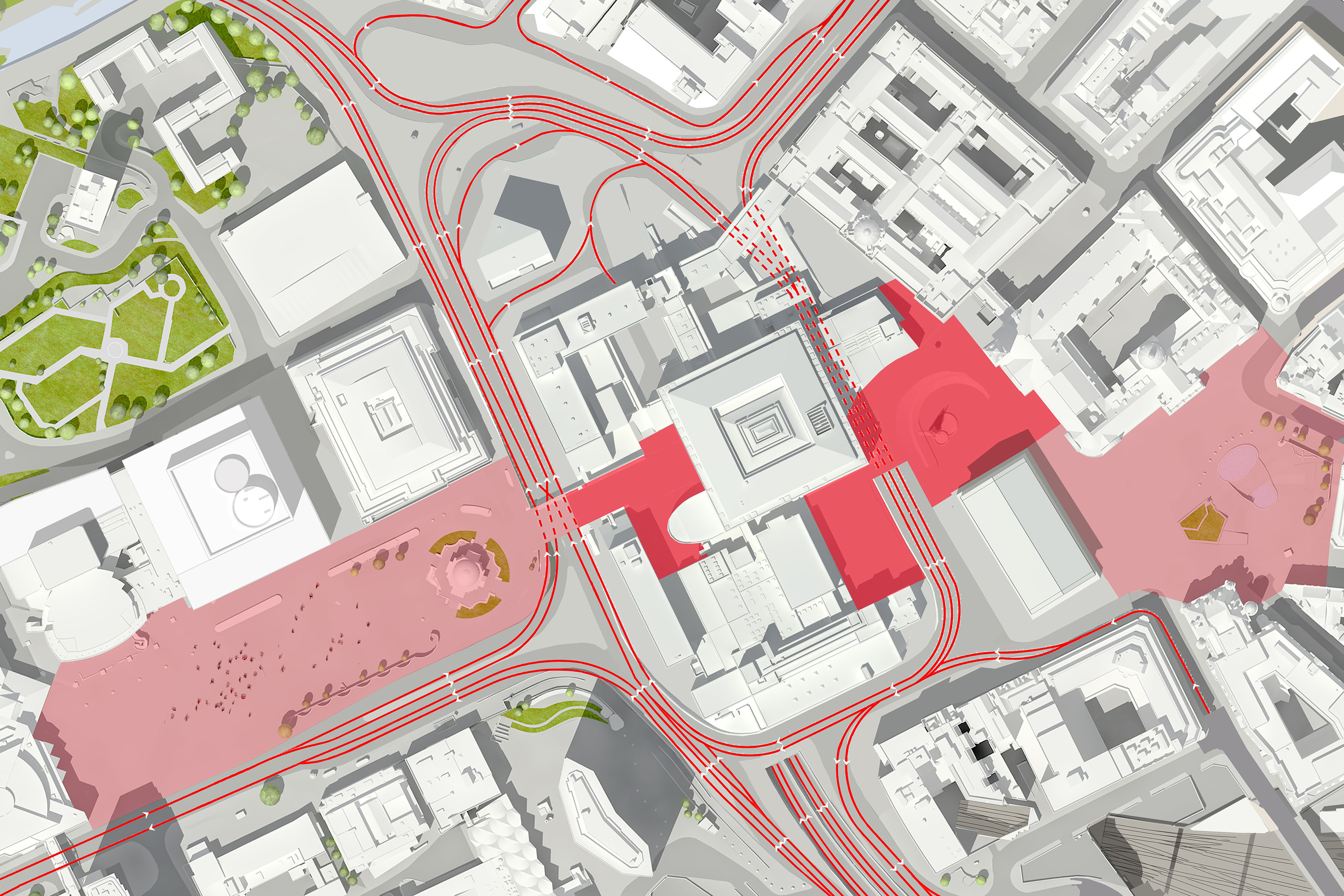 Pre-development: the site's public realm was fragmented and lacking open spaces.