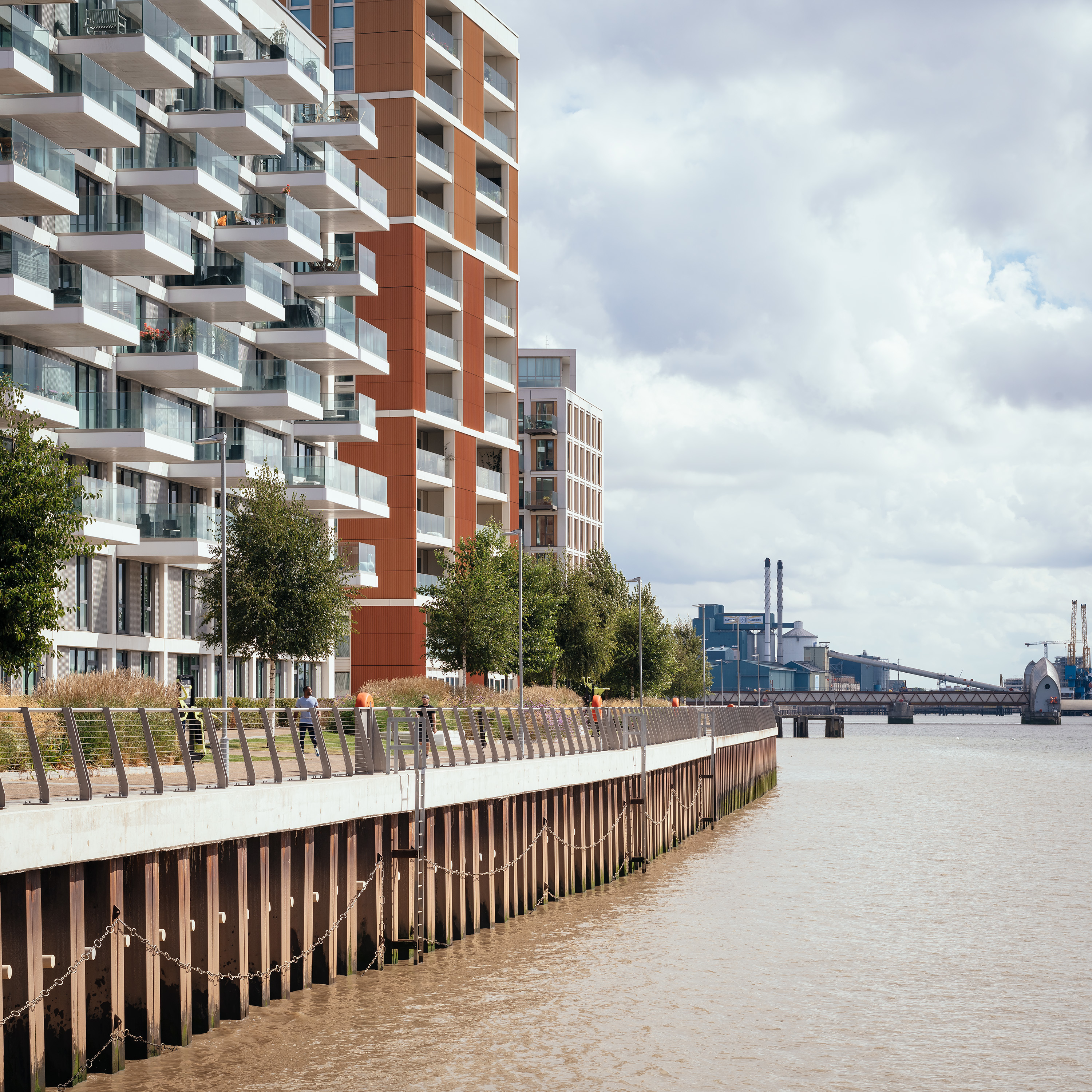 View of Riverwalk stretching from Lyle Park to Thames Barrier Park