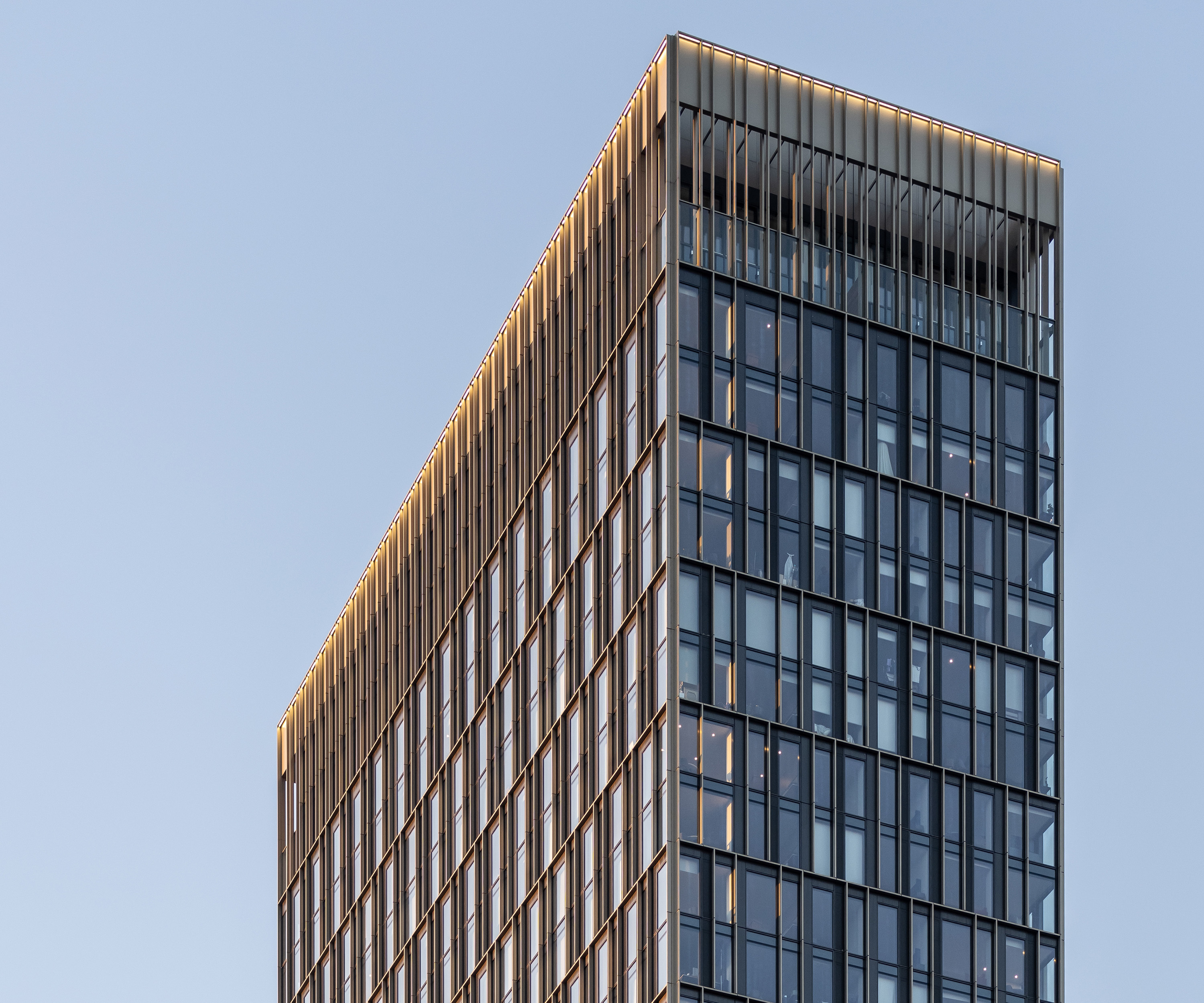 View of the building's facade and crown