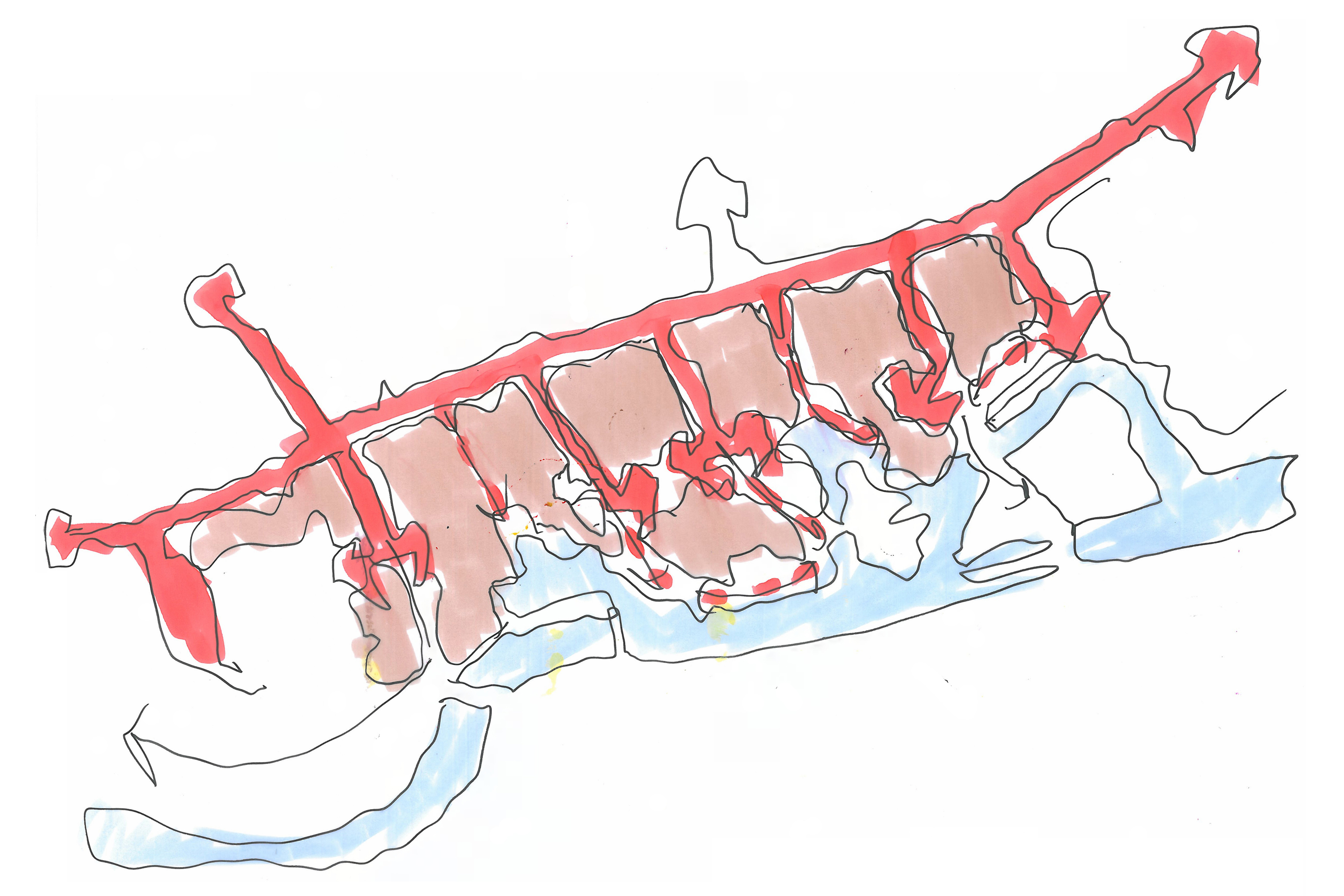 Early concept sketch showing the river corridor and busy high street stitched together
