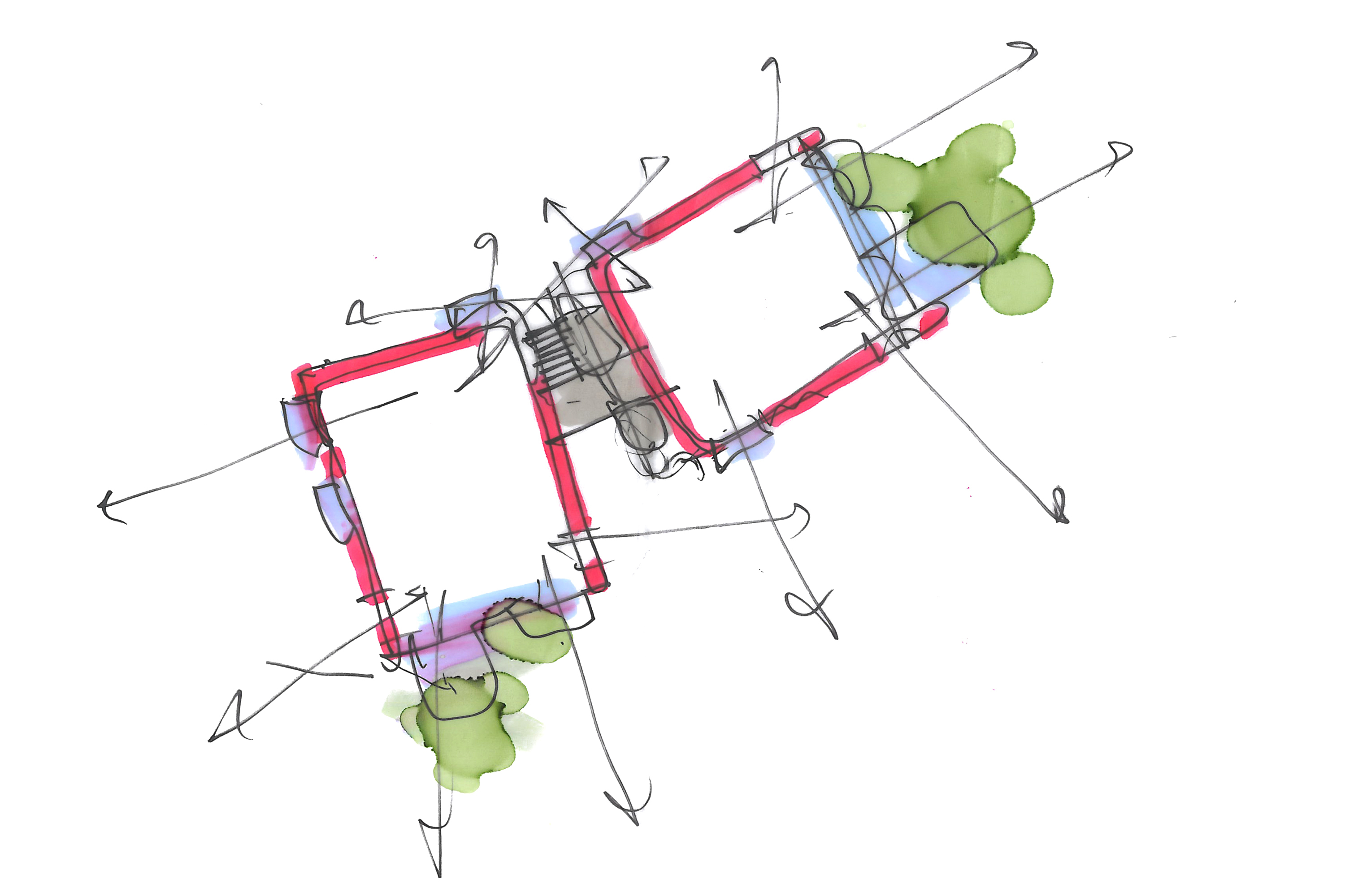 Concept sketch showing larger balconies to the east and south